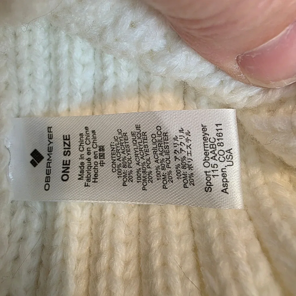 Obermeyer Womens Cream Ribbed Knit Beanie Faux Fur Pom Black White 18048 OS